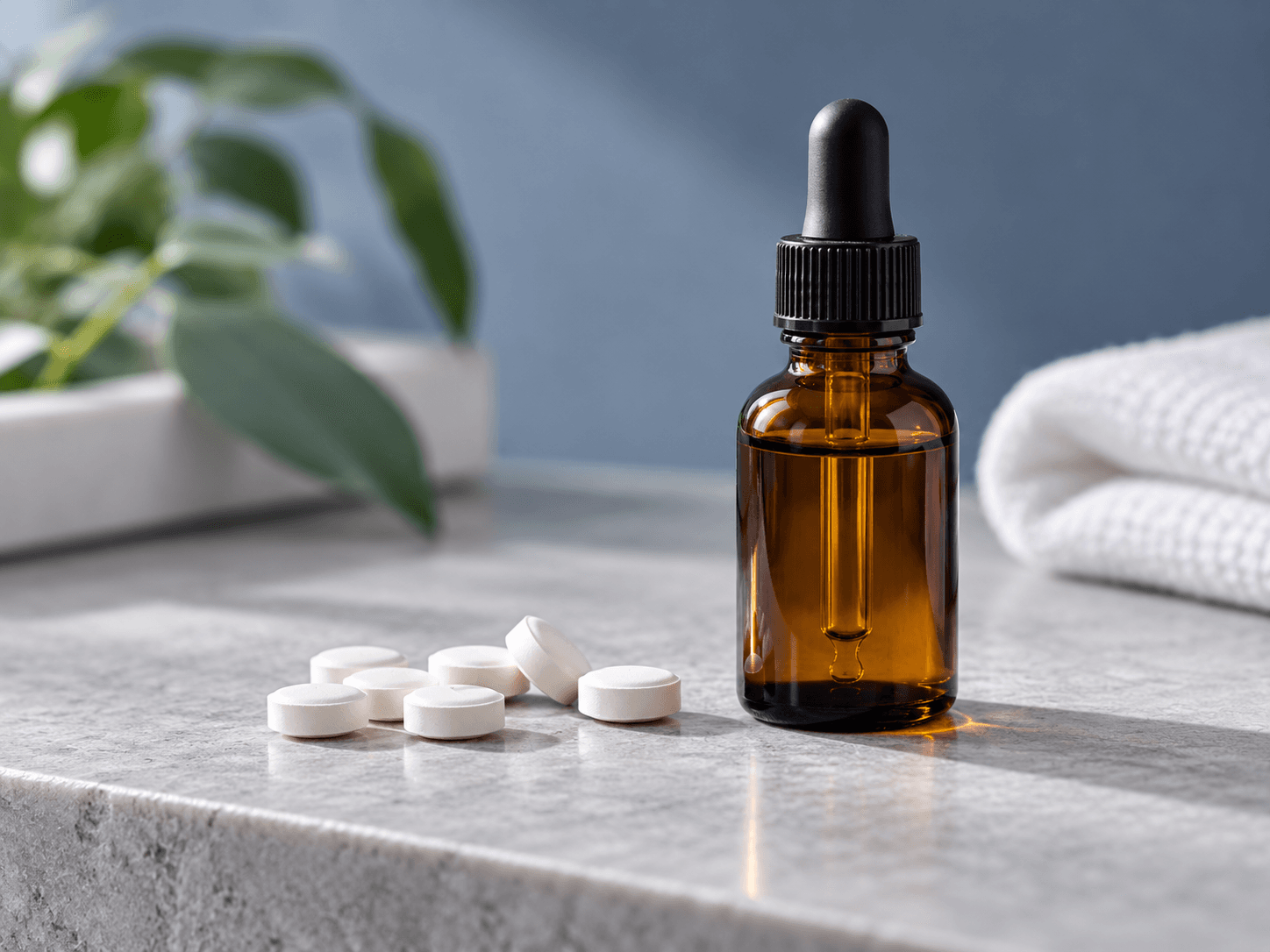 Amber bottle and white tablets sitting on gray countertop.