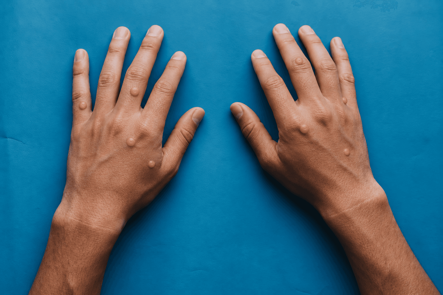Hands with warts on blue table.