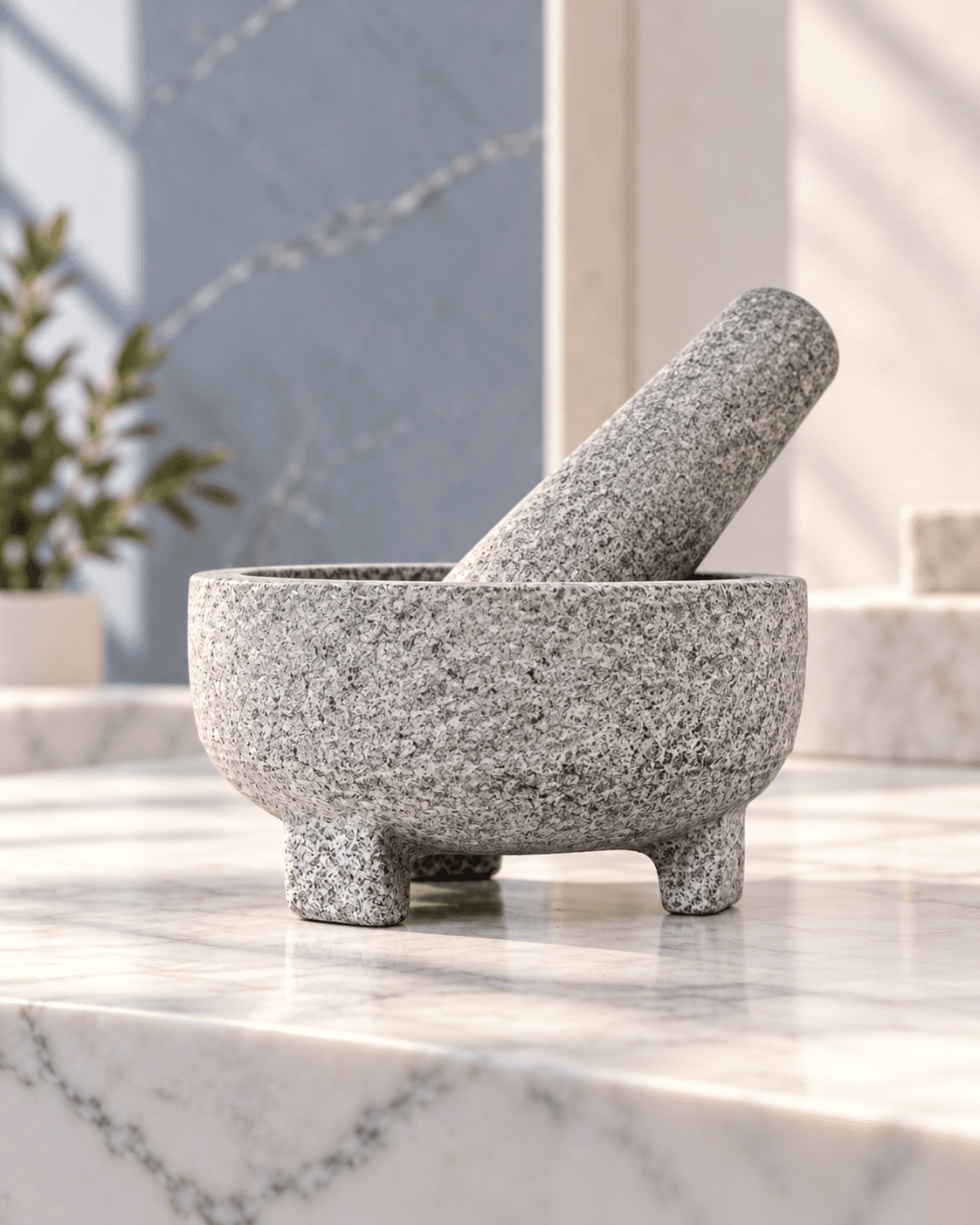 Mortar and pestle on marble counter