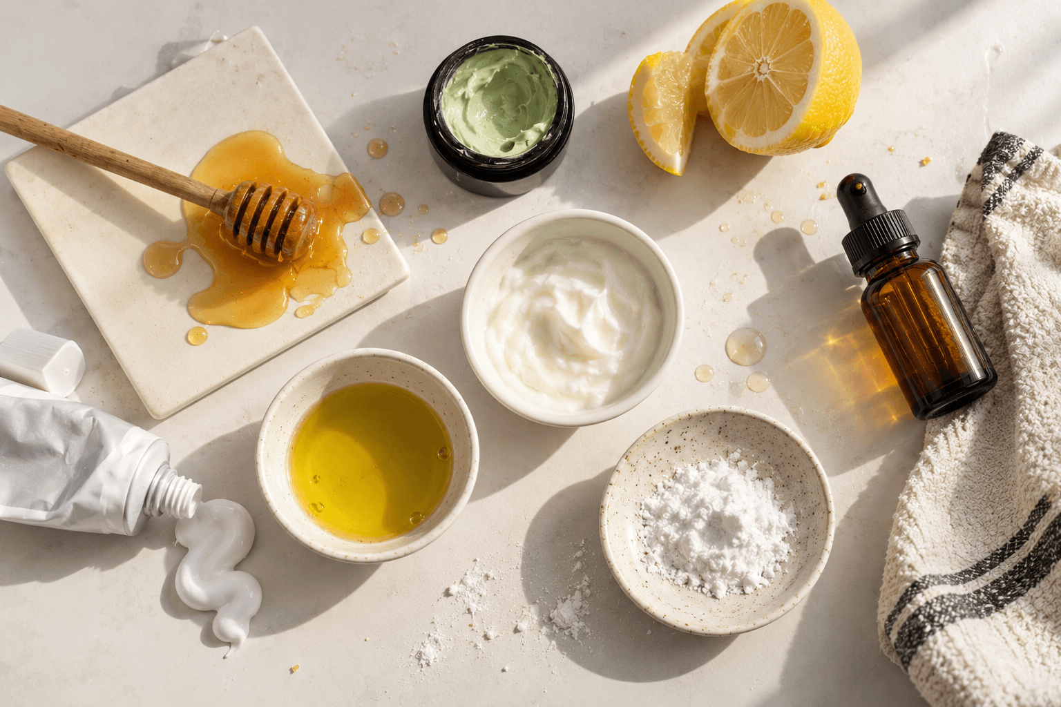 A bunch of DIY acne treatments spread across the counter.