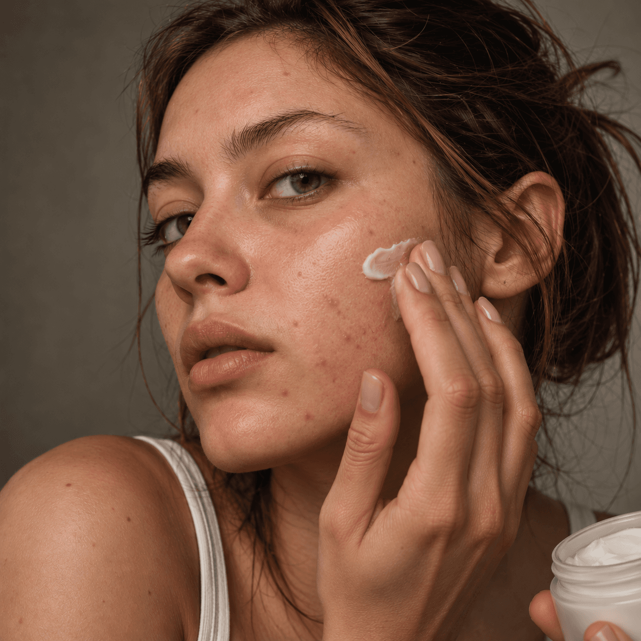 Woman applying cream to her face.